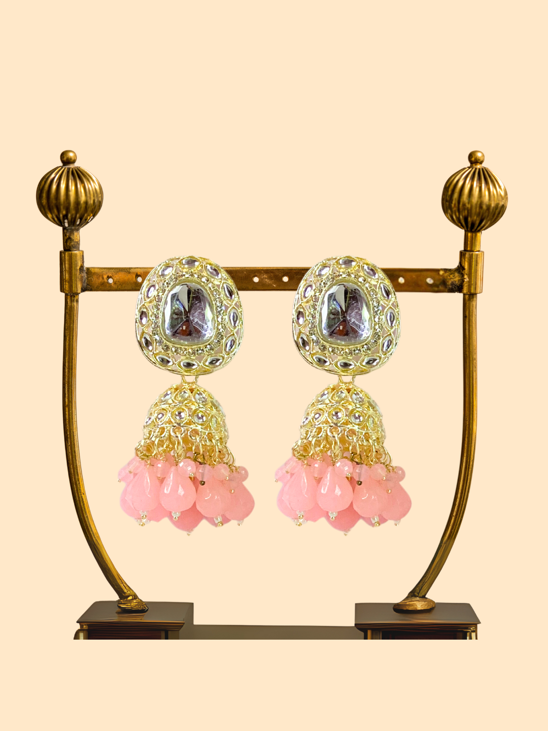 Kundan Baby Pink Jhumkas with Zircon Stones & Gold Plating | Medium Size | Ethnic & Wedding Wear