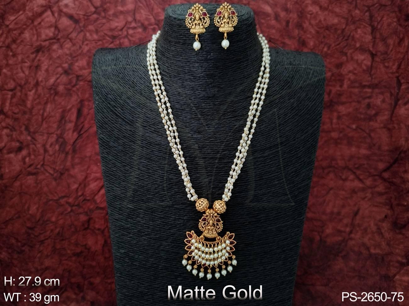 Temple Jewelry Clustered Pearl Laxmi Pendant Designer Long Temple Pendant Set