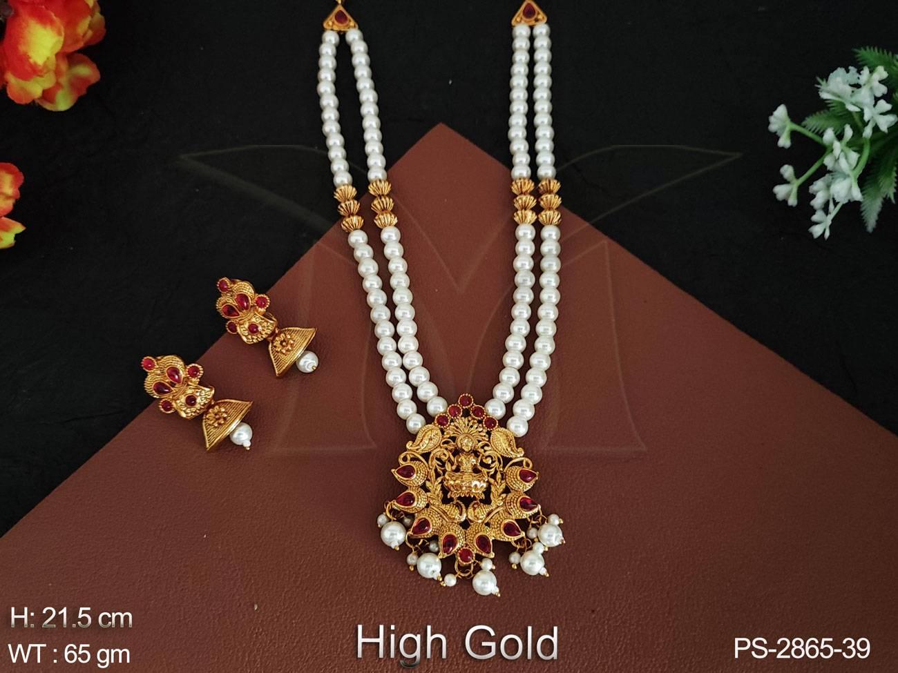 Clustered Pearl God Laxmi Design Pendant High Gold Polish Designer Long Temple Jewelery Temple Pendant Set