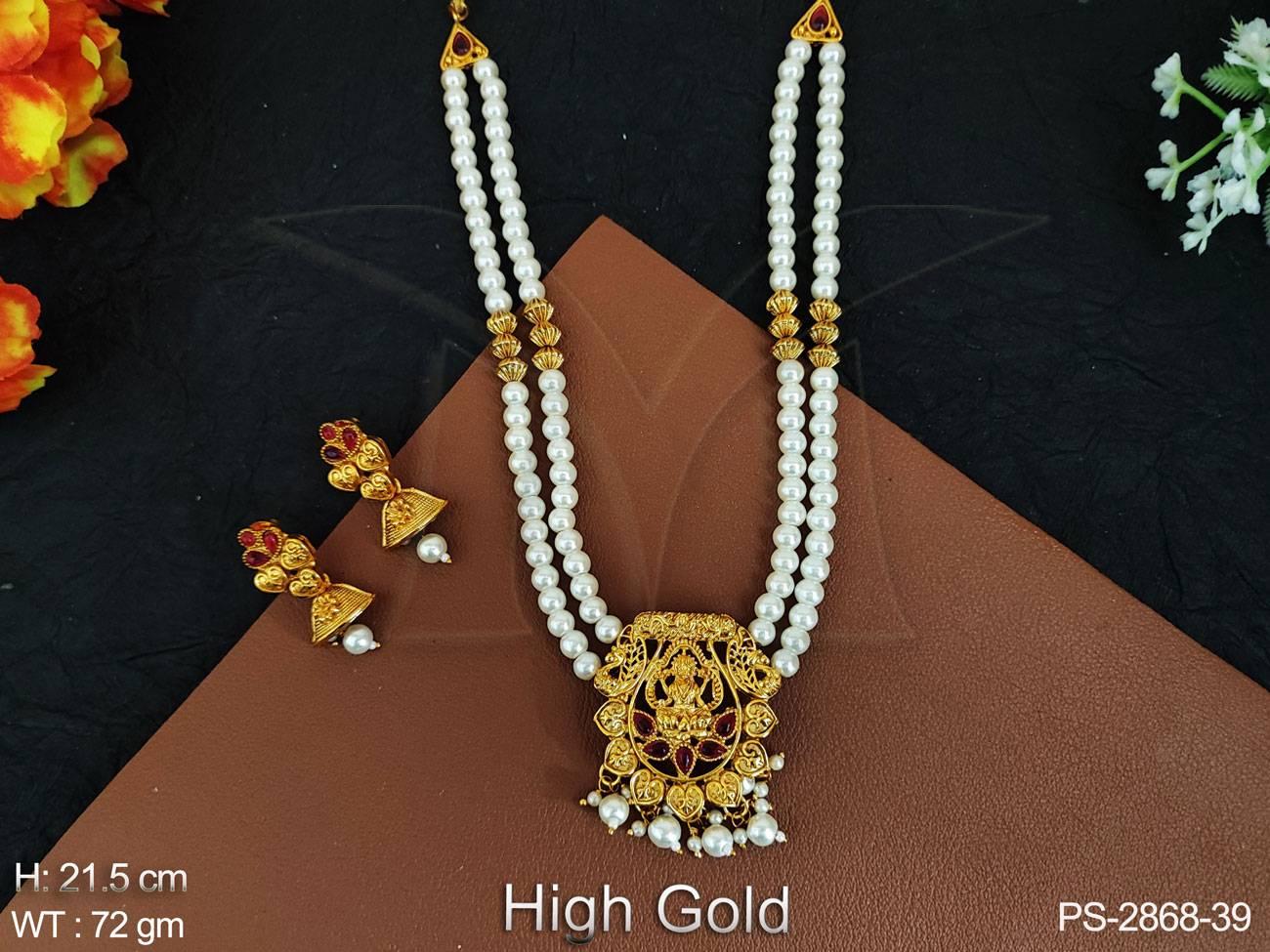 Clustered Pearl High Gold Polish Fancy Desing God Laxmi Pendant Temple Jewellery Beautiful Long Temple Pendant Set
