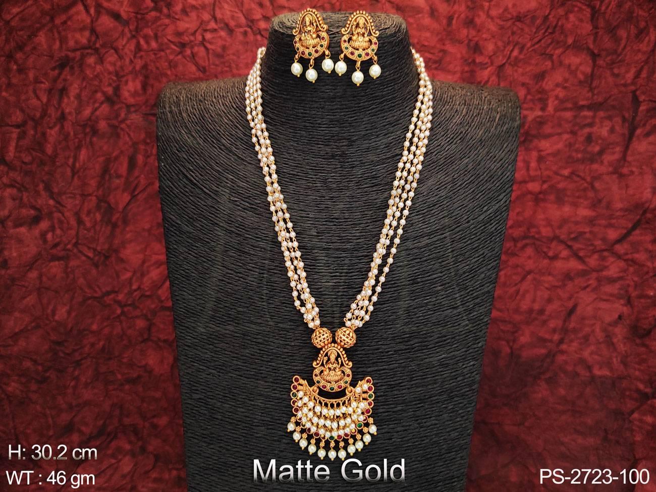 Clustered Pearl Full Stones Matte Gold Polish Fancy Design Long Temple Pendant Set