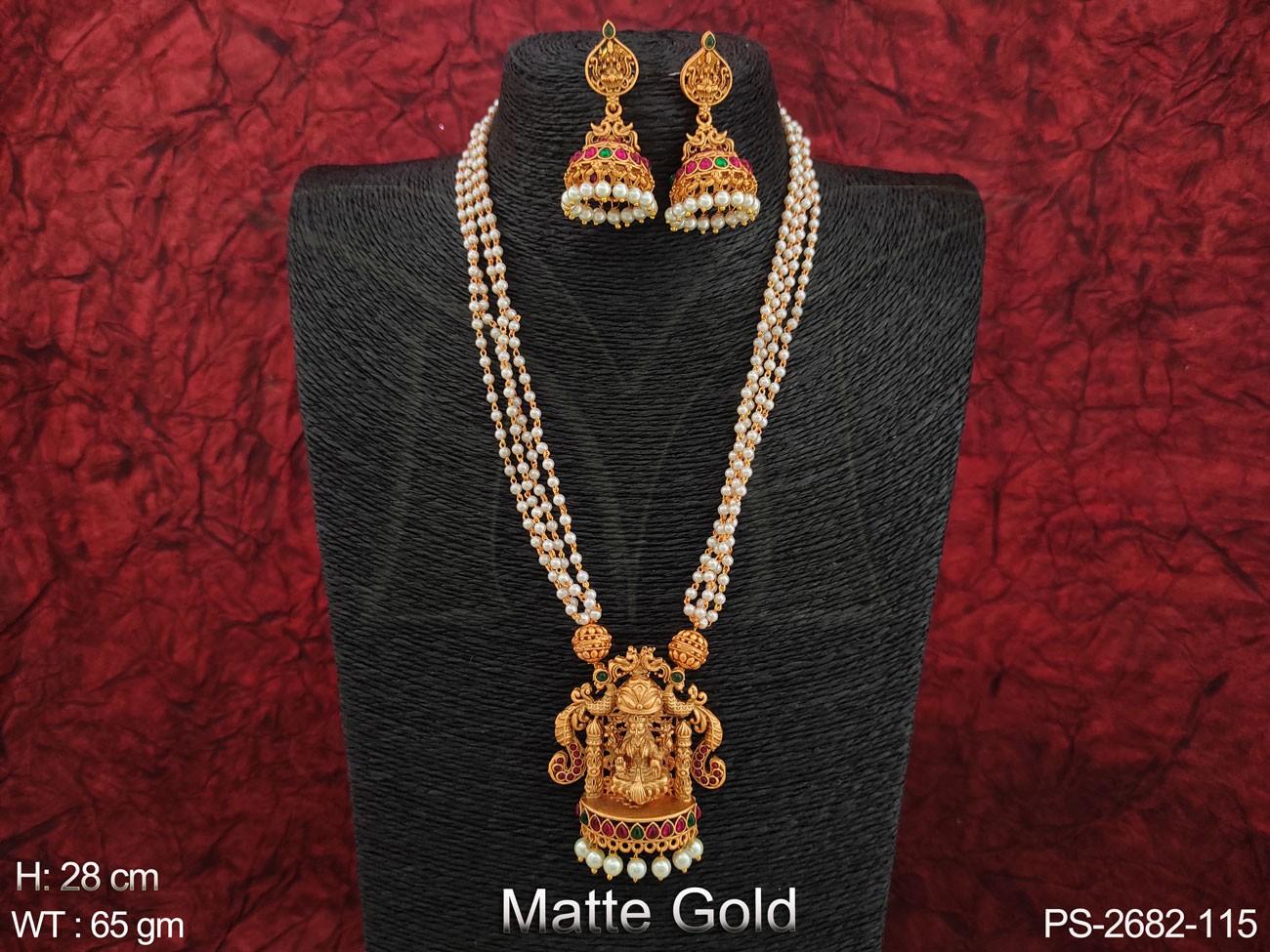 Beautiful Designer Laxmi Pendant Matte Gold Polish Party wear Long Temple Pendant Set