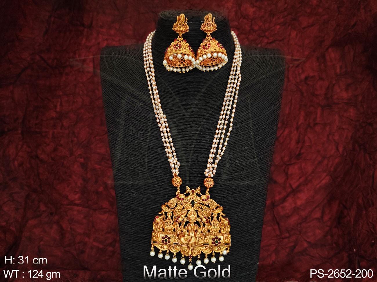 Matte Gold Polish Designer Laxmi Design Pendant Long Beautiful Temple Pendant Set