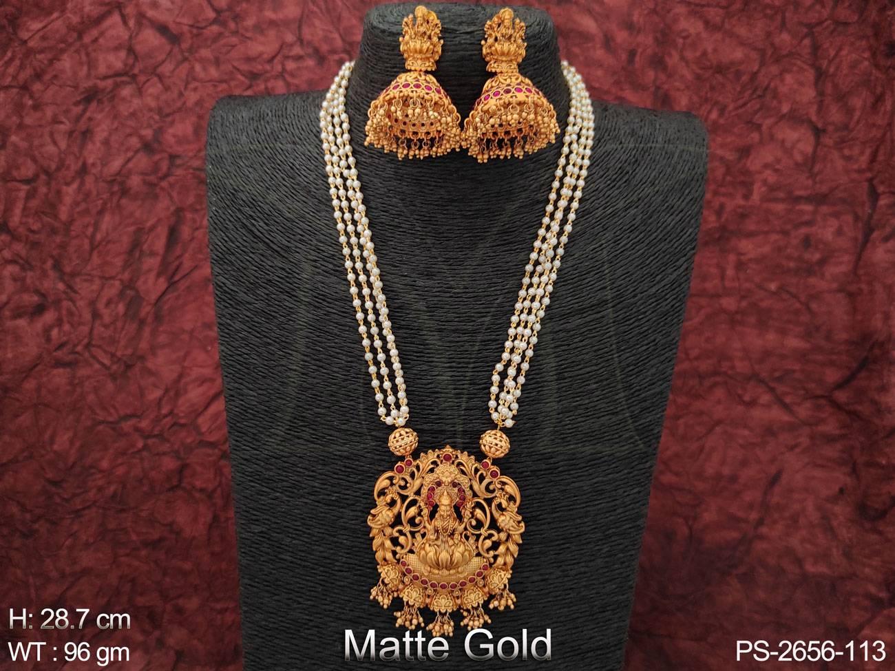 Matte Gold Polish Beautiful Laxmi Design Clustered Pearl Long Temple Pendant Set