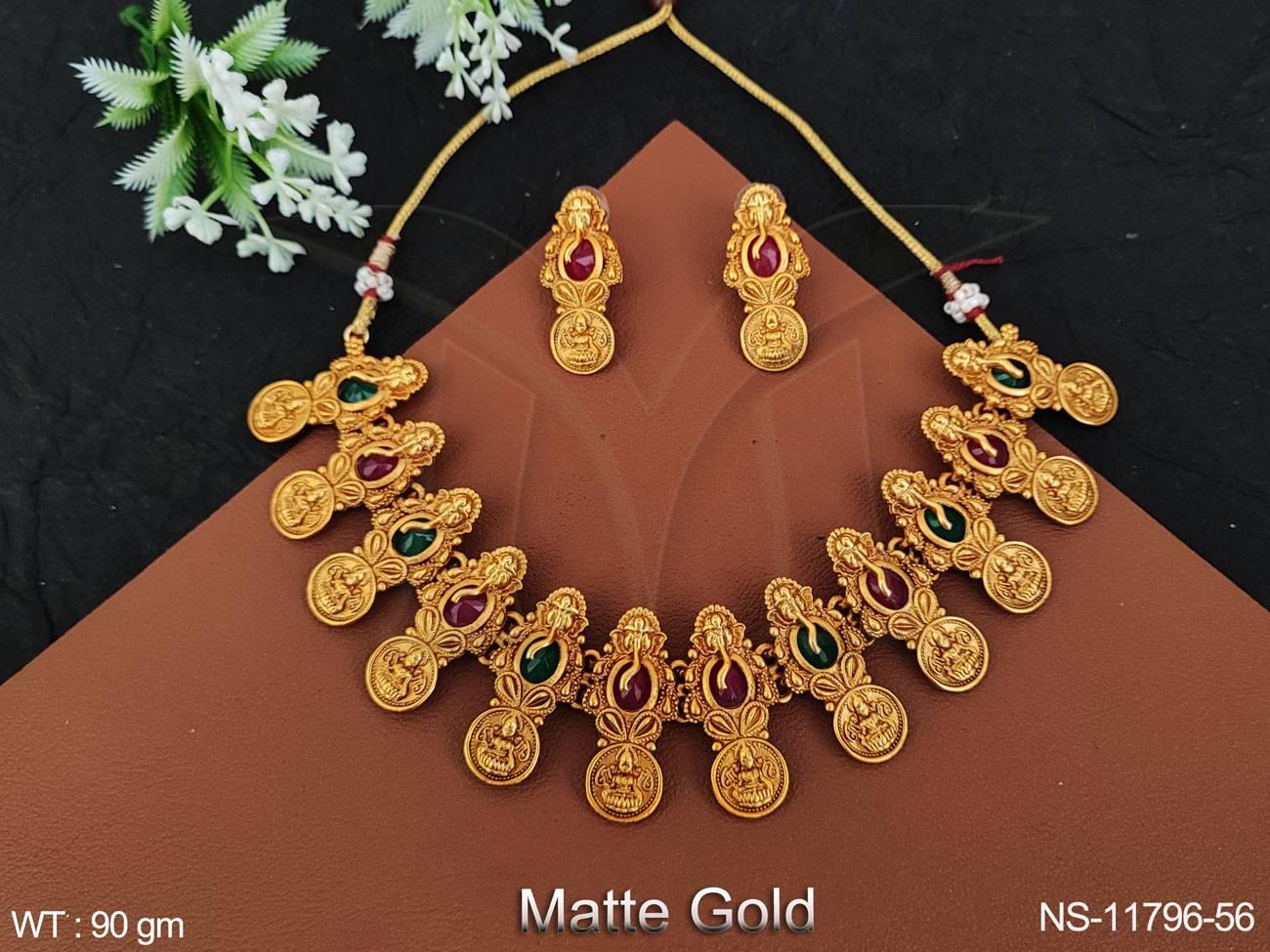 Matte Gold Polish Laxmi Desing Temple Jewellery Fancy Style Beautiful Temple Coin Short Necklace Set