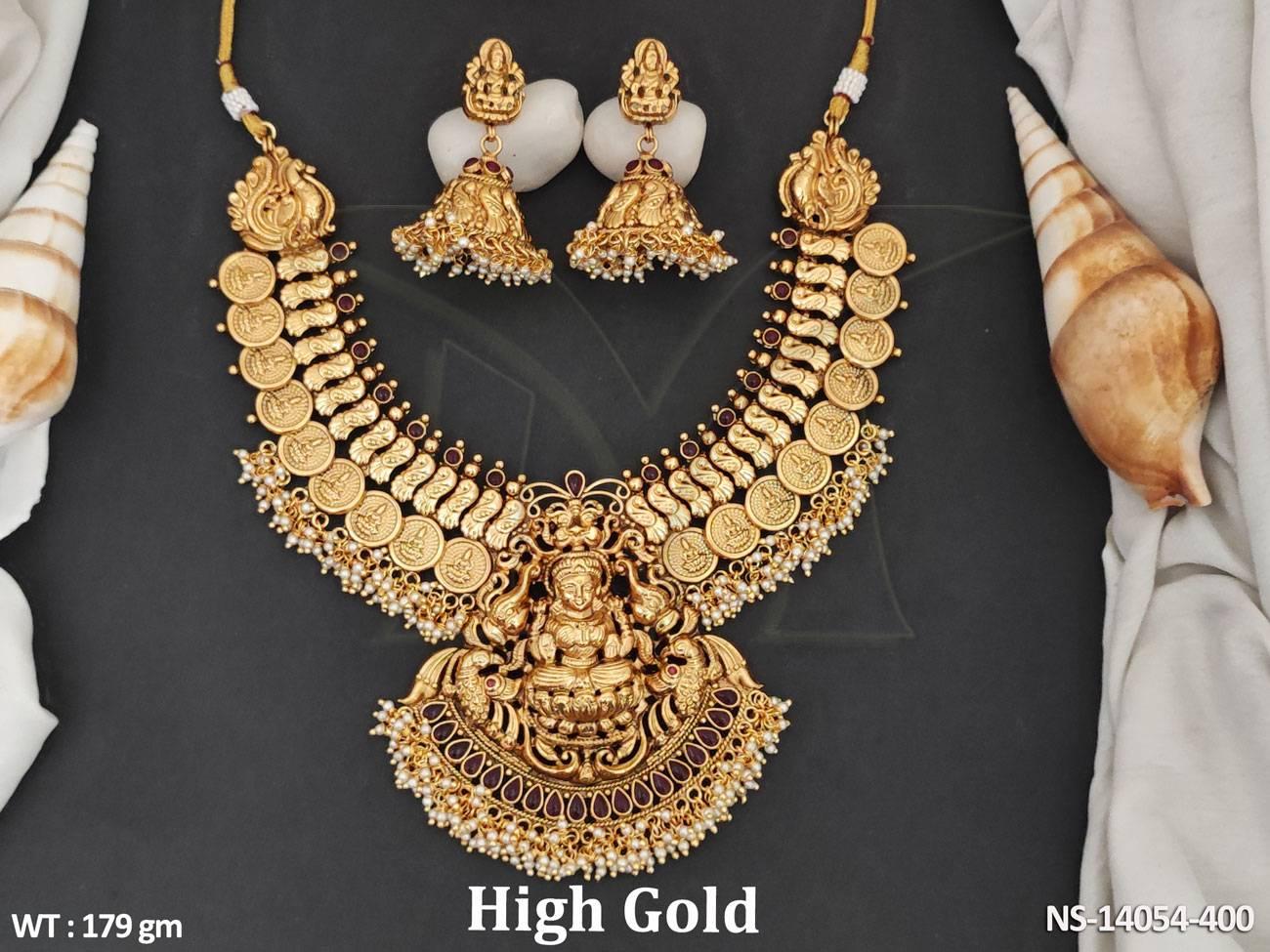 Laxmi Pendant High Gold Polish Beautiful Temple Jewellery Heavy Coin Temple Necklace Set