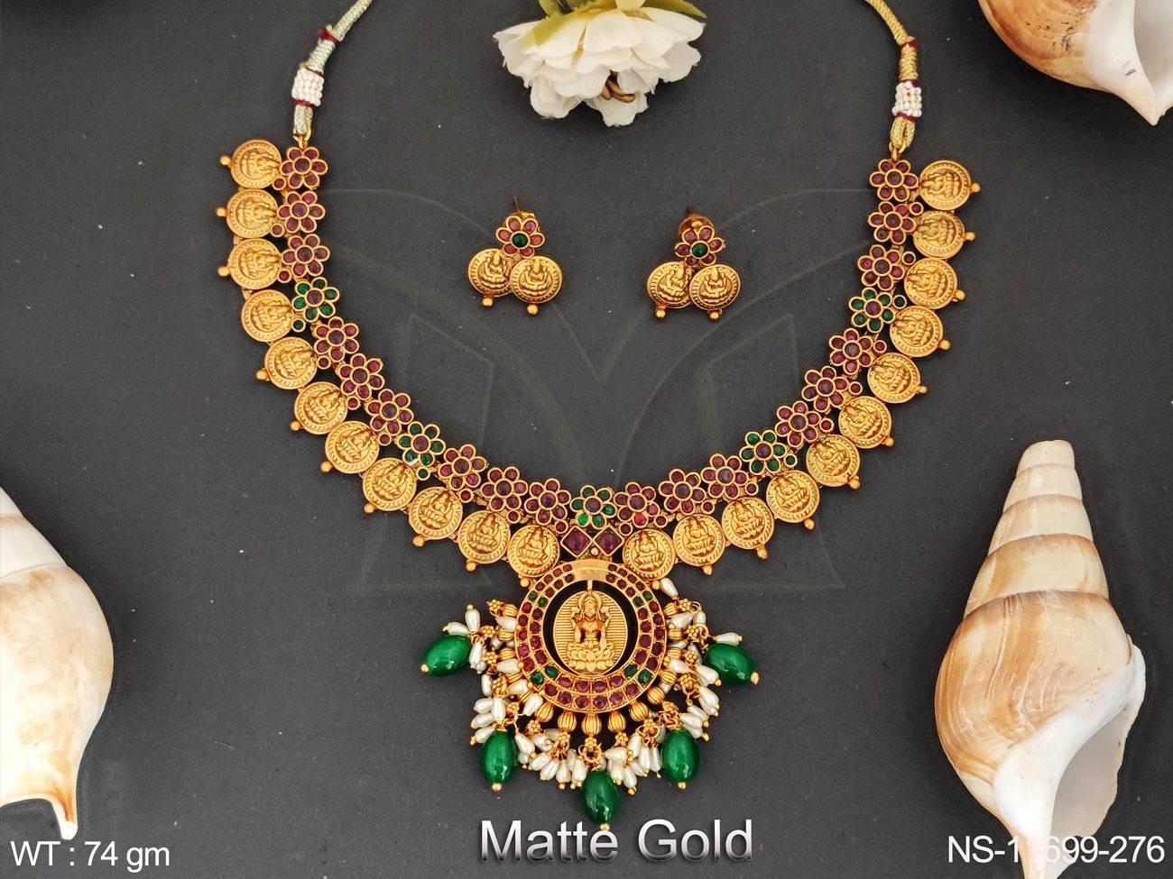 Designer Fancy Style Party wear Matte Gold Polish Gold Laxmi Desing Temple Coin Necklace Set