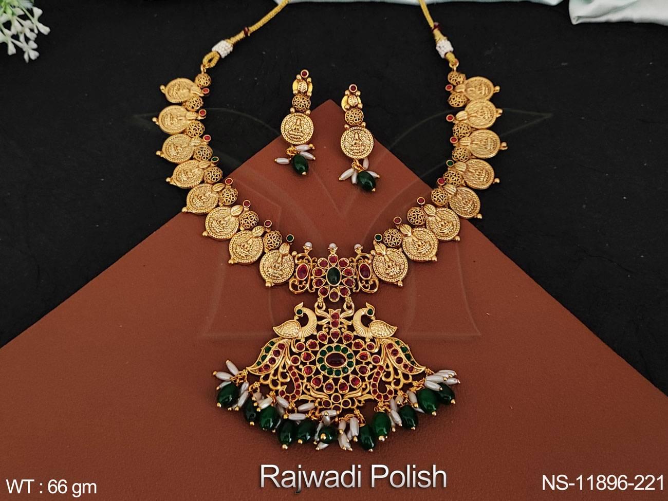 Designer Fancy Style Rajwadi Polish Laxmi Coin Design Clustered Pearl Temple Jewellery Short Necklace Set