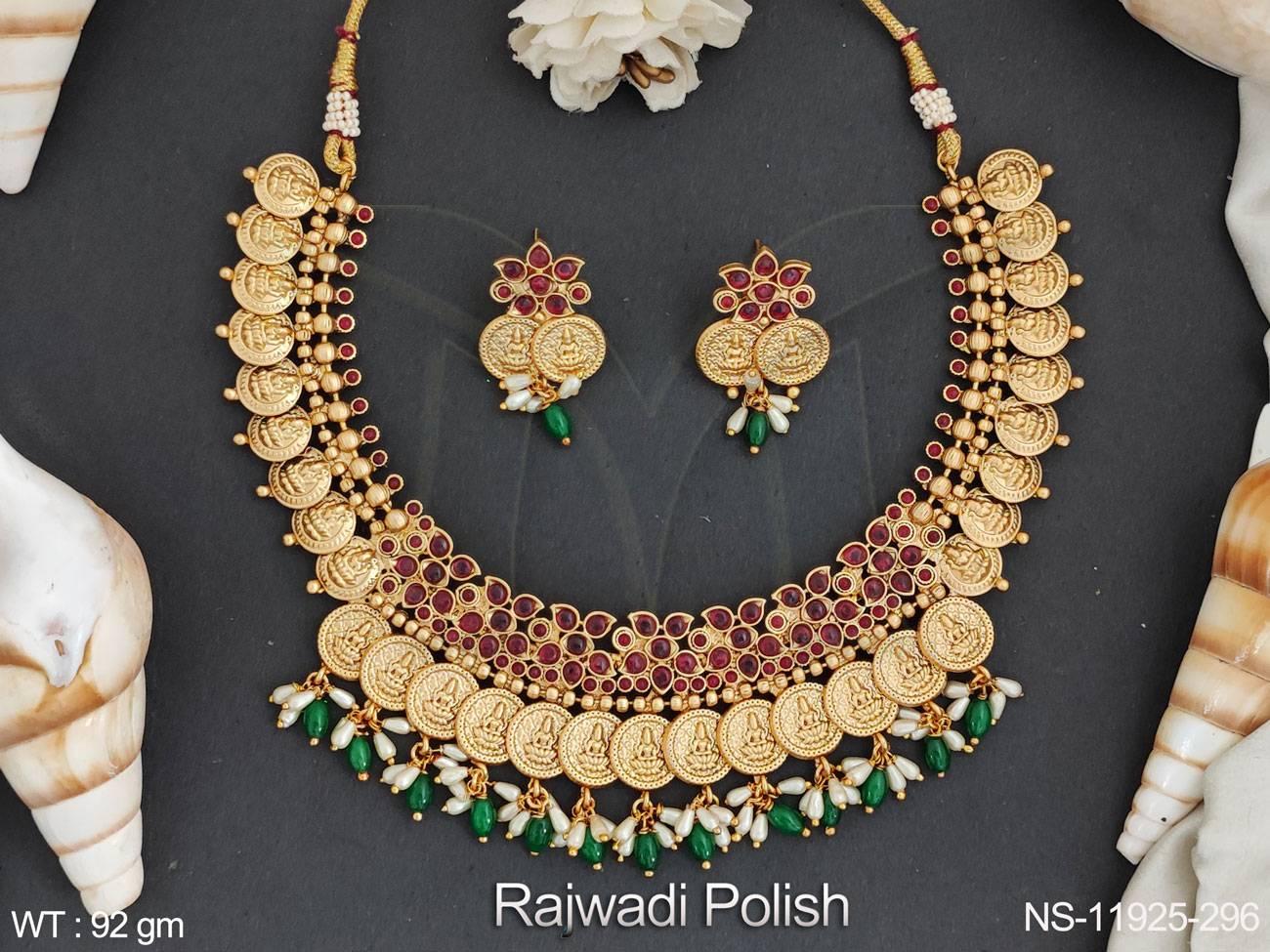 Temple Coin Design Rajwadi Polish God Laxmi Design Choker Style Temple Necklace Set