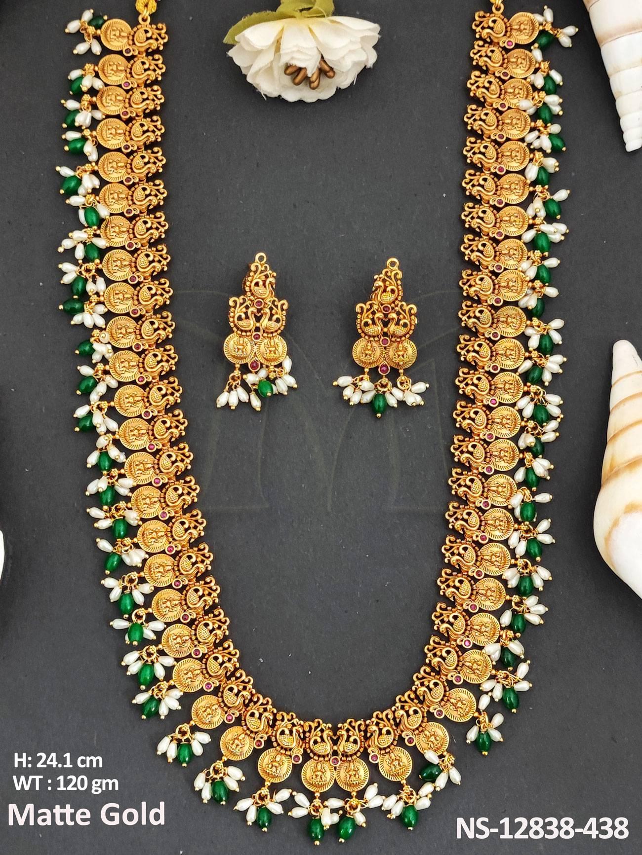 Temple Jewelry Matte Gold Polish South Look God Laxmi Coins Long Temple Necklace Set