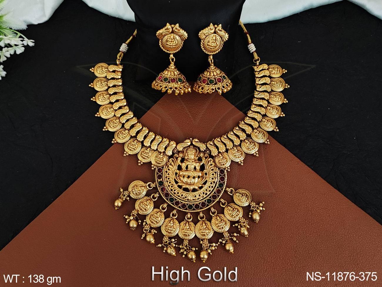 Designer Fancy Style God Laxmi Pendant Temple Jewellery Temle Coin Heavy Short Necklace Set