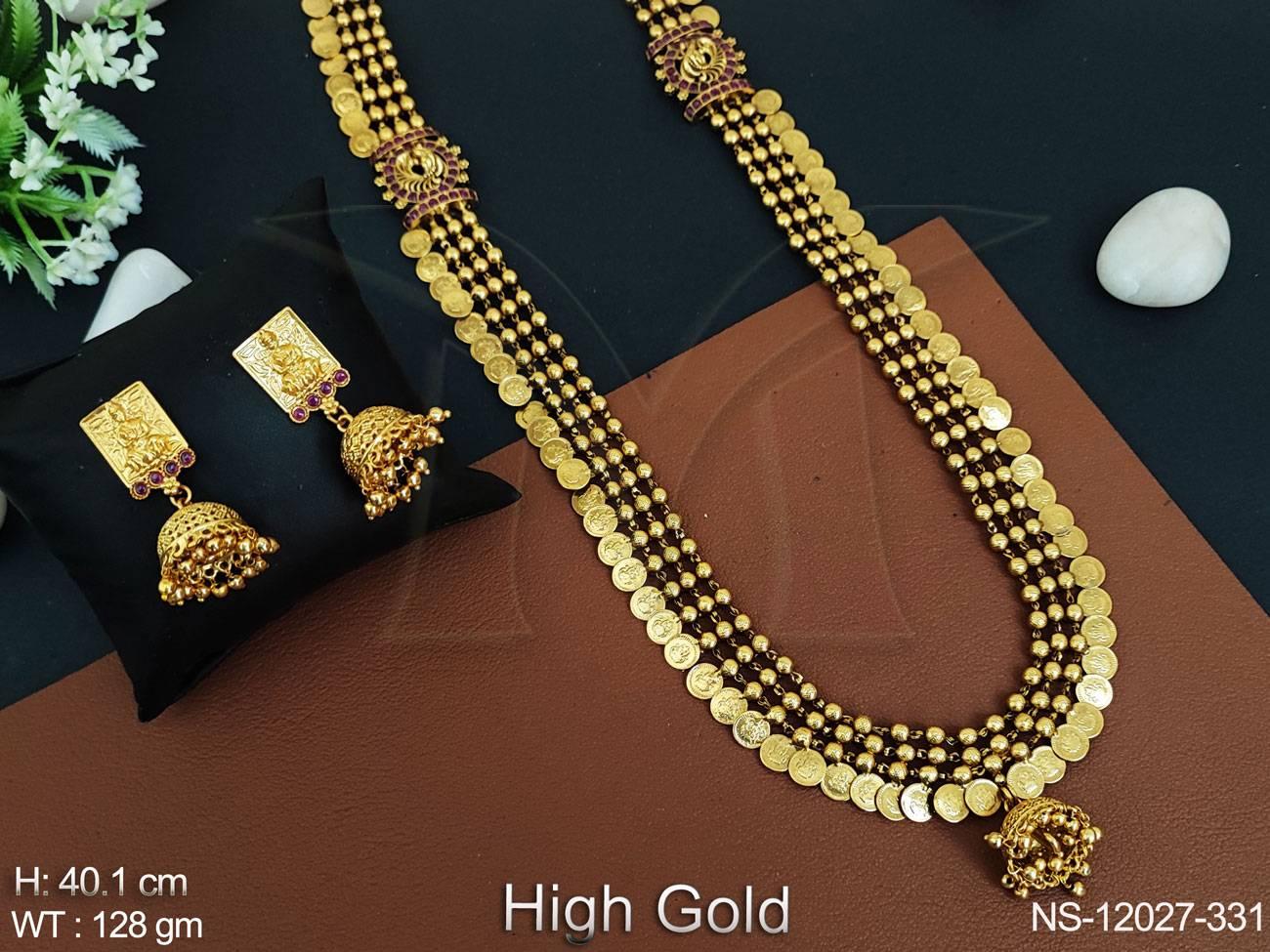 Laxmi Desing High Godl Polsih fancy Style Long Temple Jewllery Coin Necklace Set