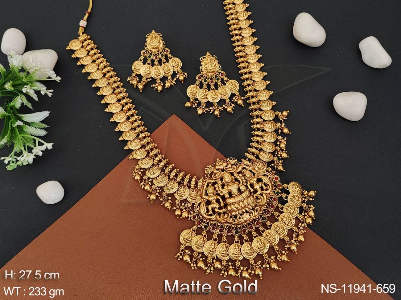 Temple Jewelry Matte Gold Polish South Bridal Wear Beautiful Design Coin Temple Long Necklace Set