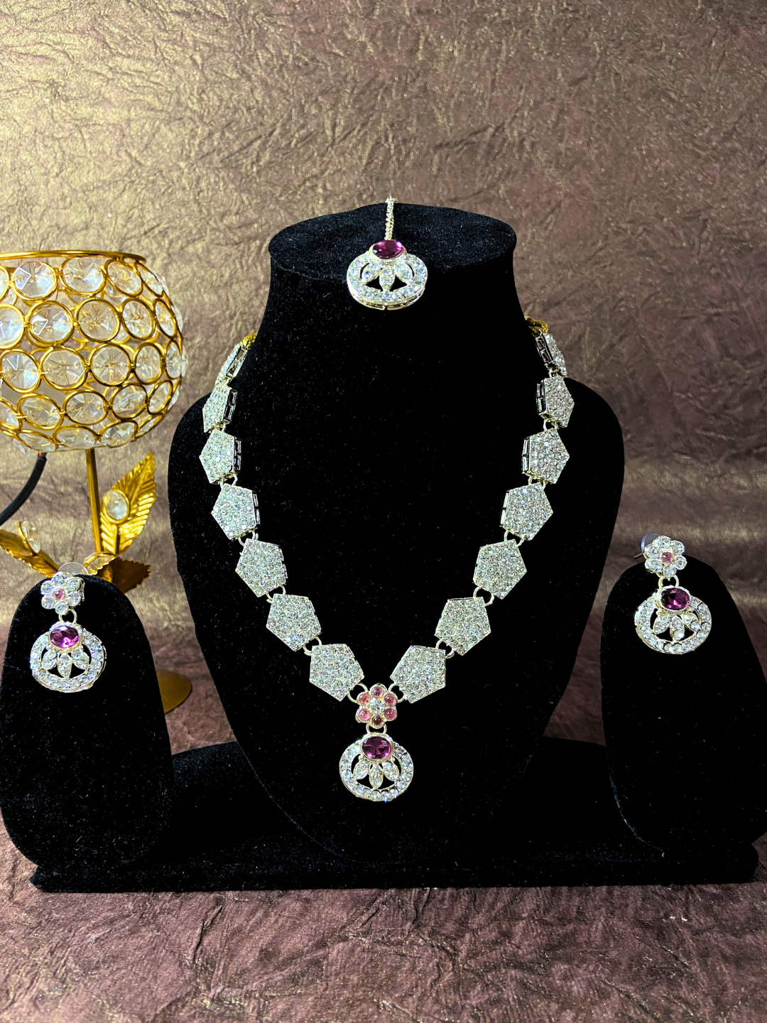 White Zircon Wedding Set - Neckpiece, Earrings, and Maang Tikka with Gold Plating and Pink Stone Contrast