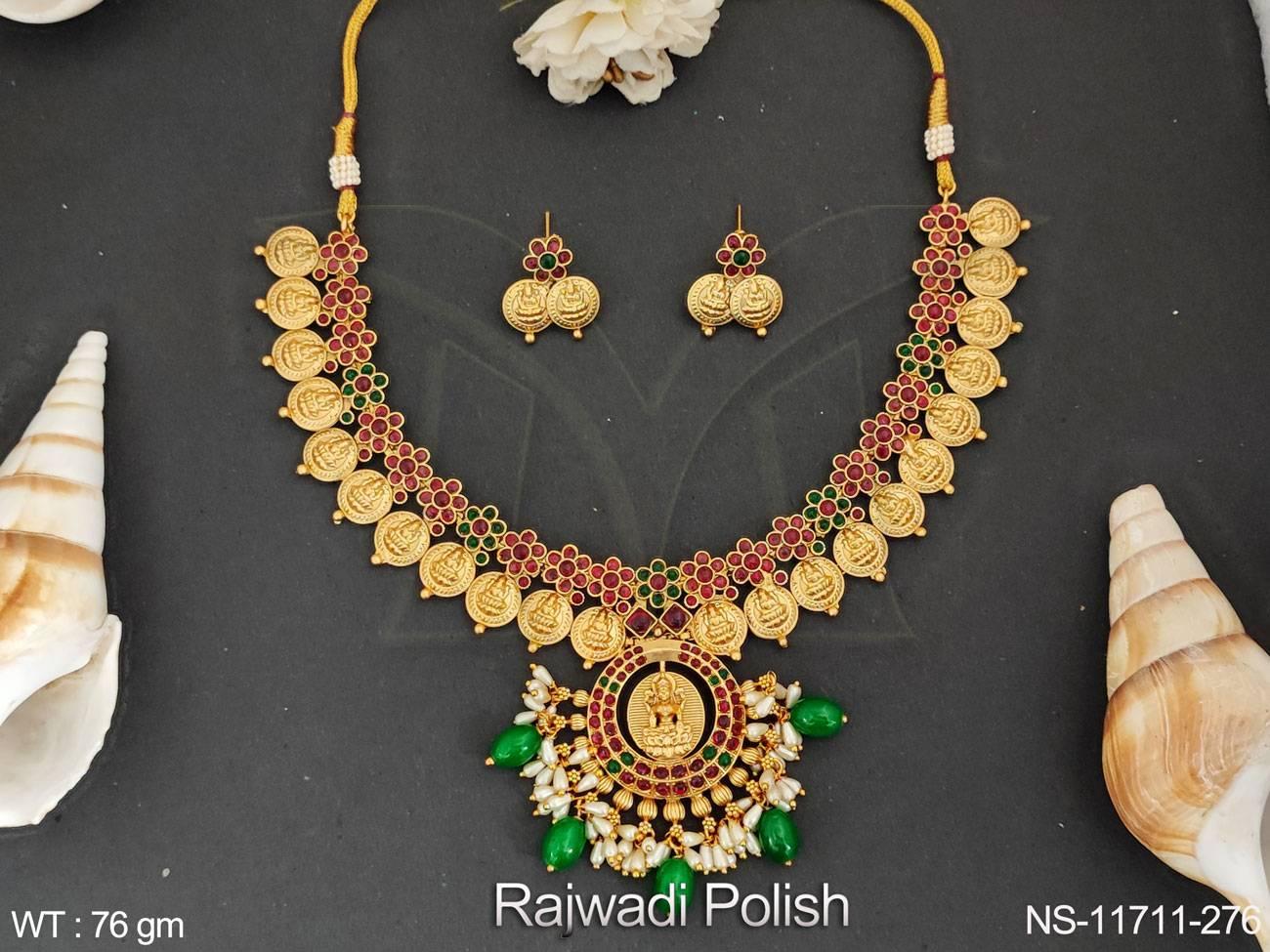 Clustered Pearl Rajwadi Polish Designer Fancy Style Temple Jewllery Temple Coin Short Necklace Set