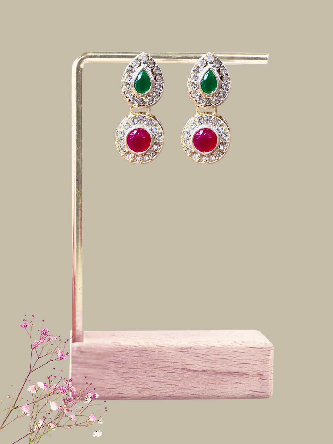 Round Shaped Zircon Wedding Set - Neckpiece and Earrings with Gold Plating, Red & Green Stones