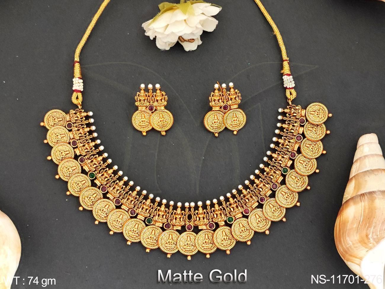 Matte Gold Polish Desing Laxmi Desing Temple Jewellery Temple Coin Short Necklace Set