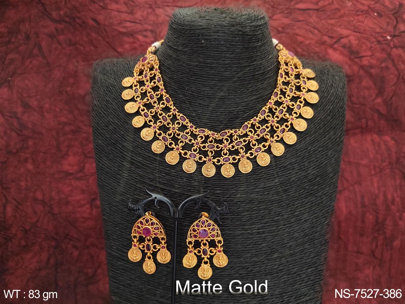 Temple Jewelry Beautiful Matte Gold Polish Laxmi Coin Chain Necklace Set