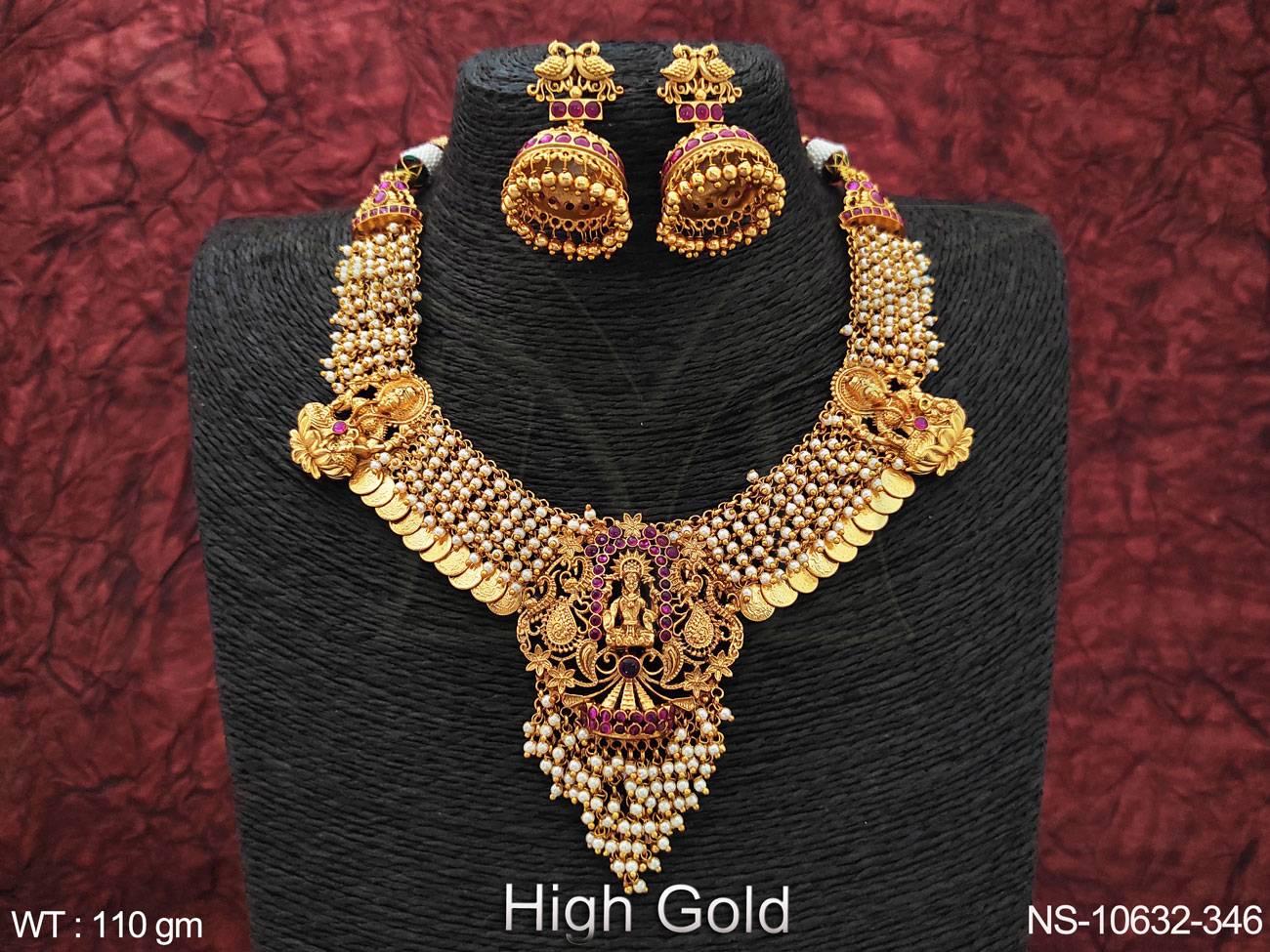 Designer Temple Jewellery Fancy style High Gold Polish Temple Coin Long Necklace Set