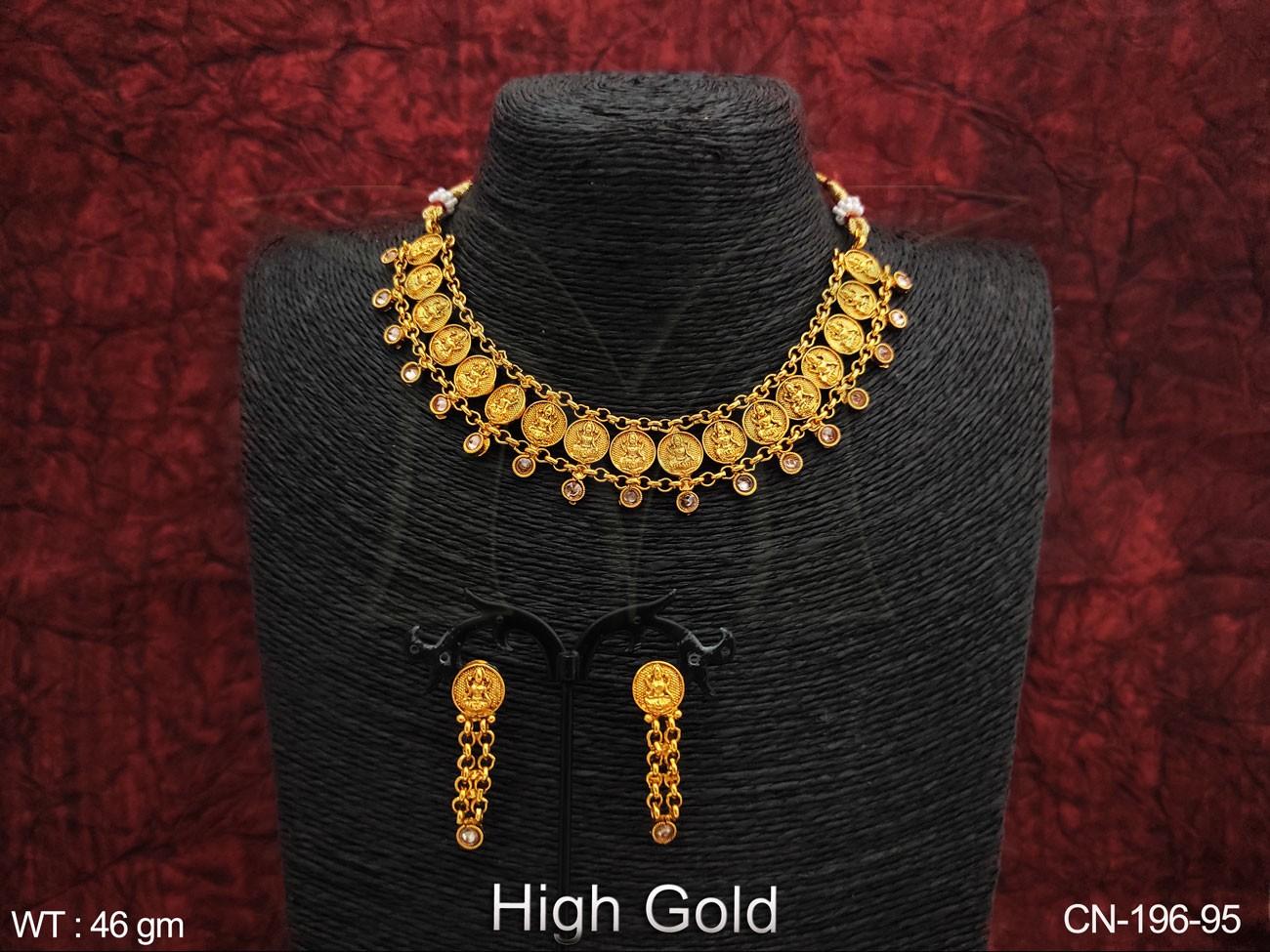 Beautiful Coin Temple Jewelry Laxmi Design High Gold Polish Designer Fancy Necklace Set