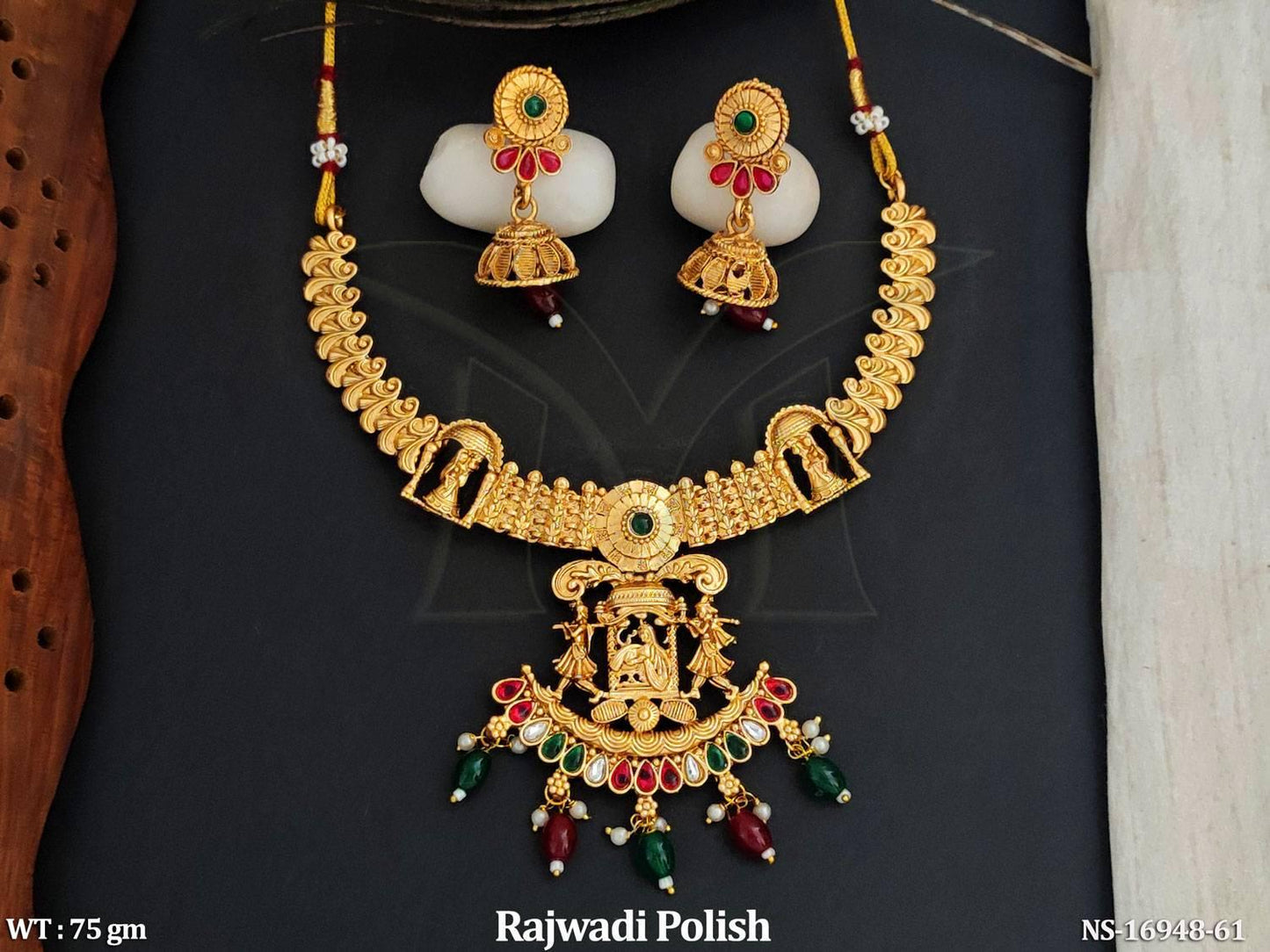 Temple Jewellery Rajwadi Polish Fancy Design Short Necklace Set