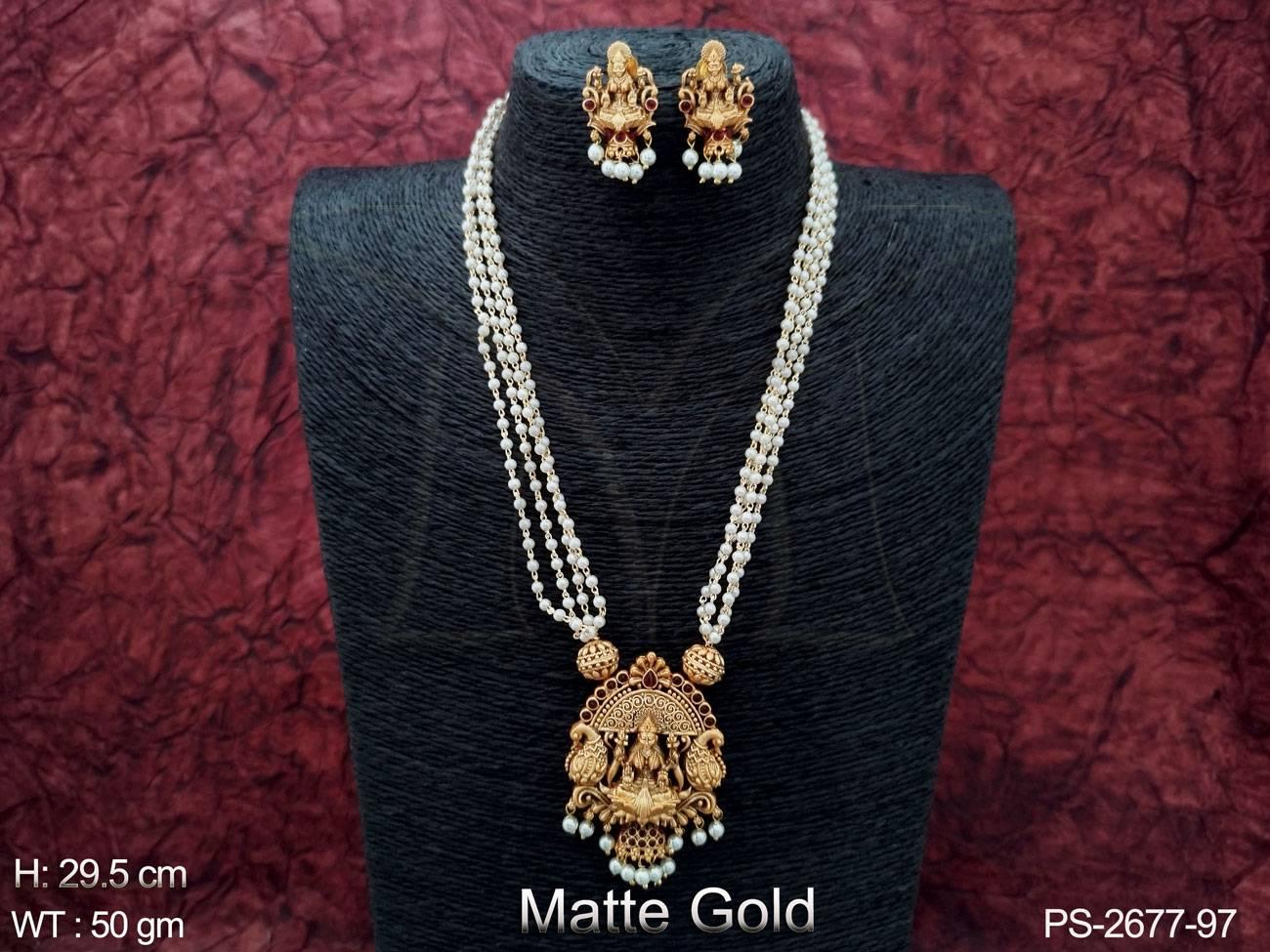 Matte Gold Polish God Laxmi Desing Pendant Clustered Pearl Long Party wear Temple Pendant Set
