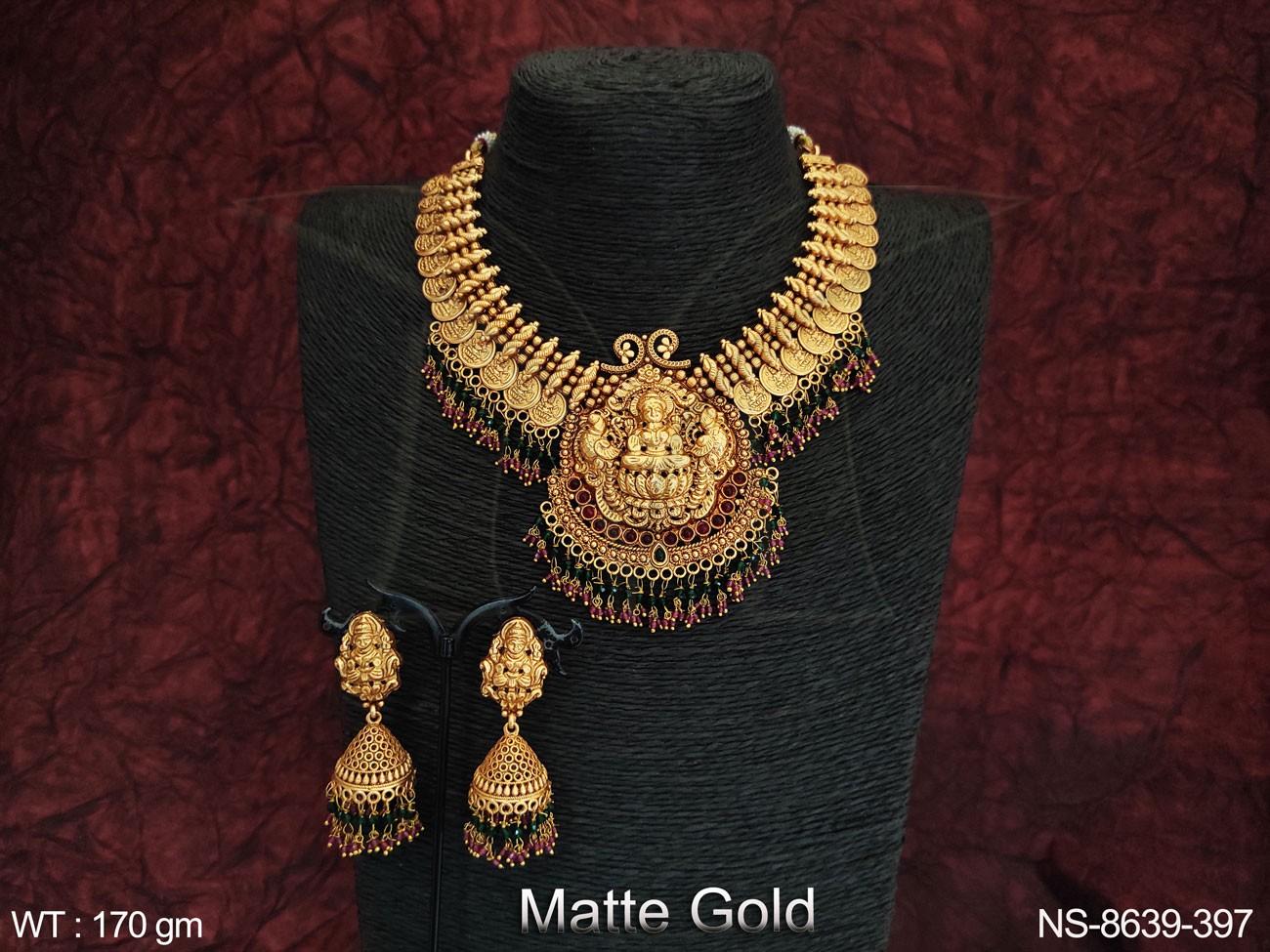 Beautiful Laxmi Design Matte Gold Polish Designer Party wear Heavy Coin Temple Necklace Set