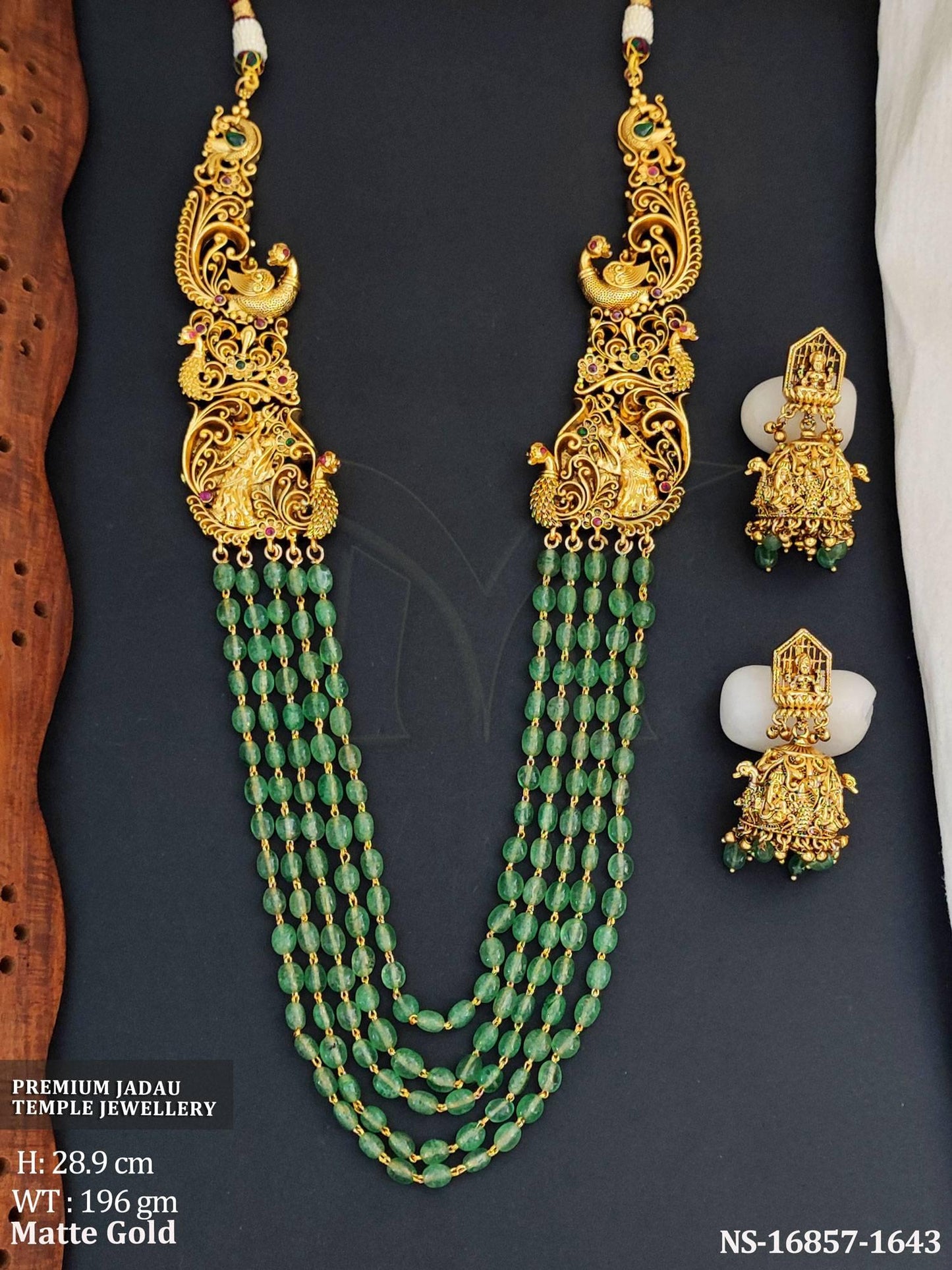 Beautiful Designer Temple Matte Gold Polish Full Stone Party Wear Necklace Set