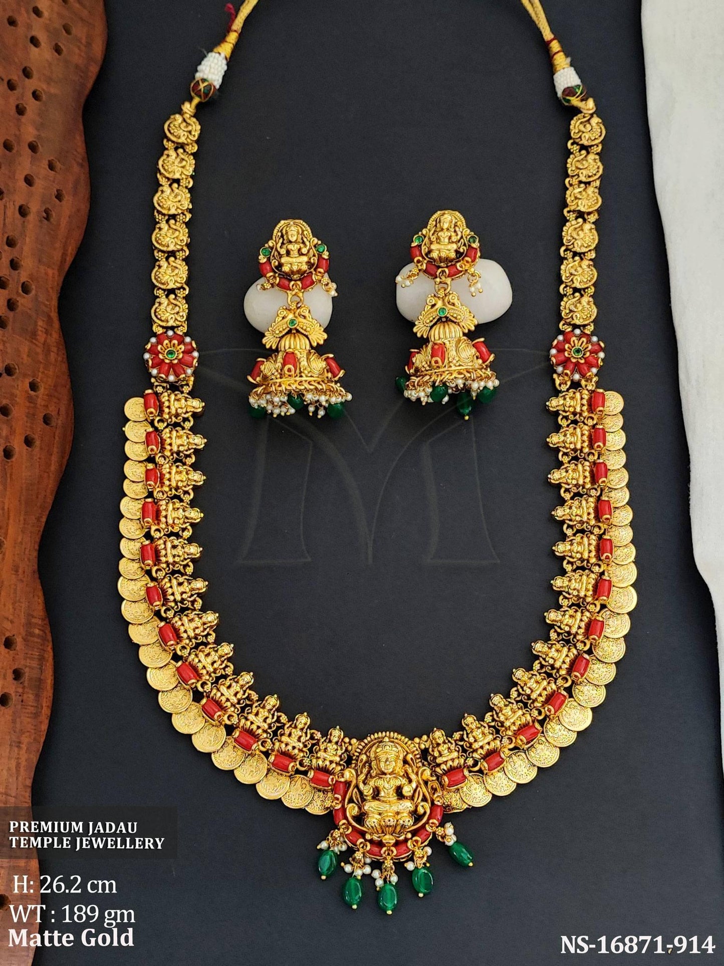 Full Stone Matte Gold Polish Clustered Pearl Long Necklace Set