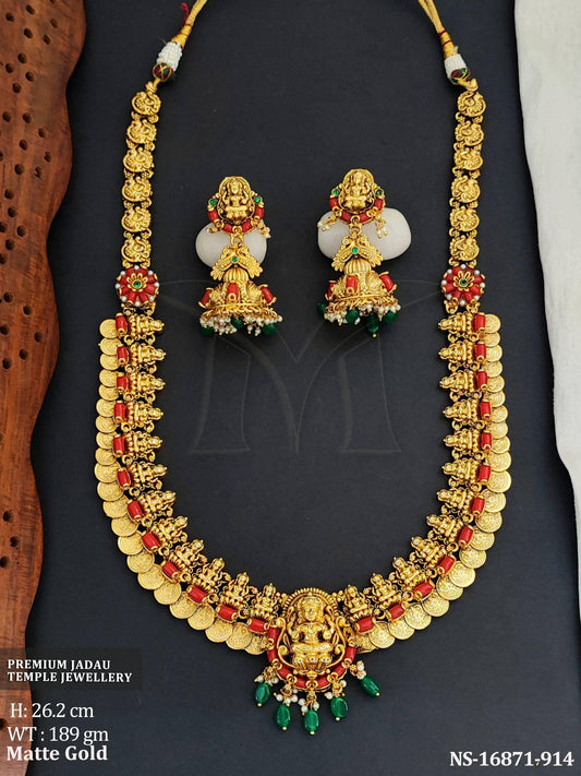 Full Stone Matte Gold Polish Clustered Pearl Long Necklace Set