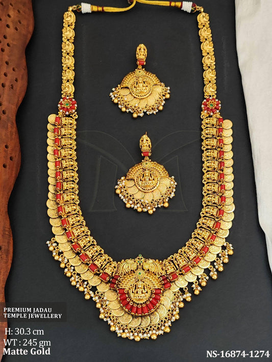 Beautiful Matte Gold Polish Full Stone Designer Long Necklace Set