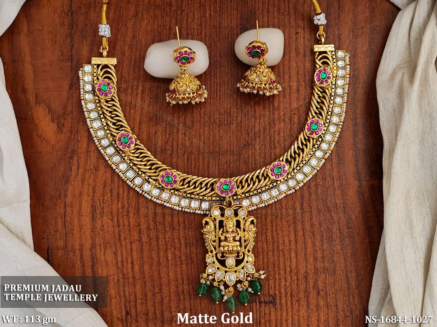 Temple Jewellery Matte Gold Polish Full Stone Party Wear Necklace Set