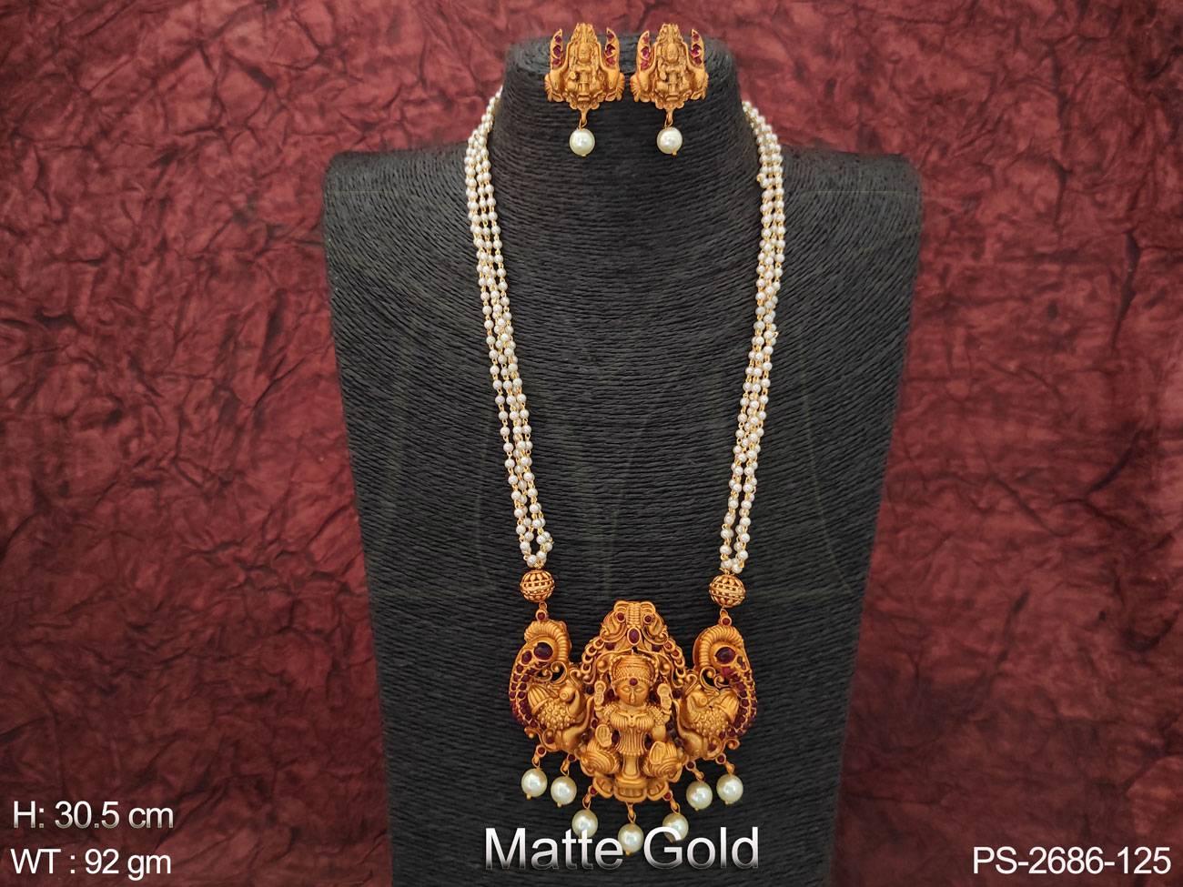 Clustered Pearl Designer Fancy Style Laxmi Pendant Matte Gold Polish Long Pendant Set
