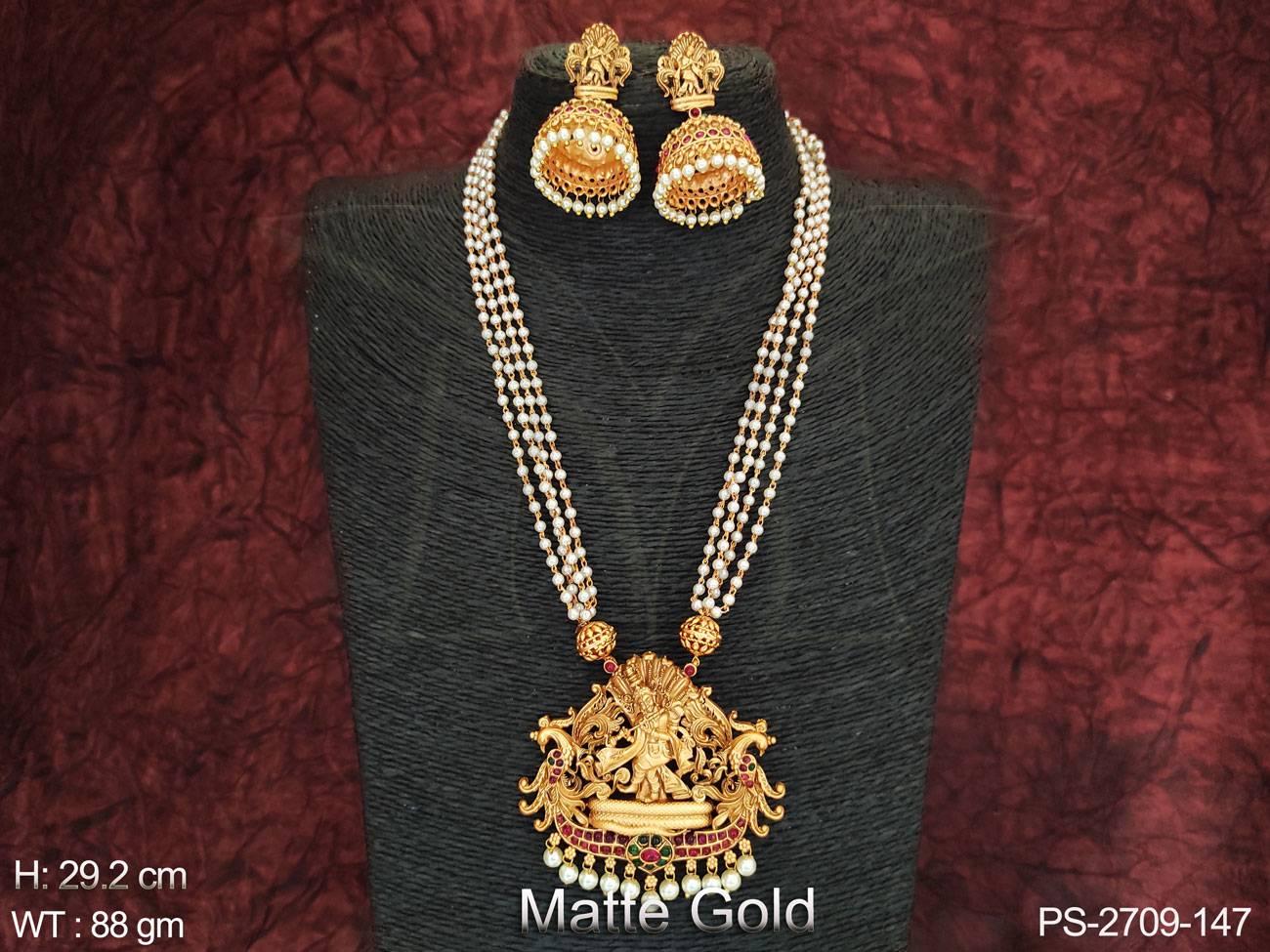 Designer Pendant Matte Gold Polish Beautiful Long Temple Pendant Set