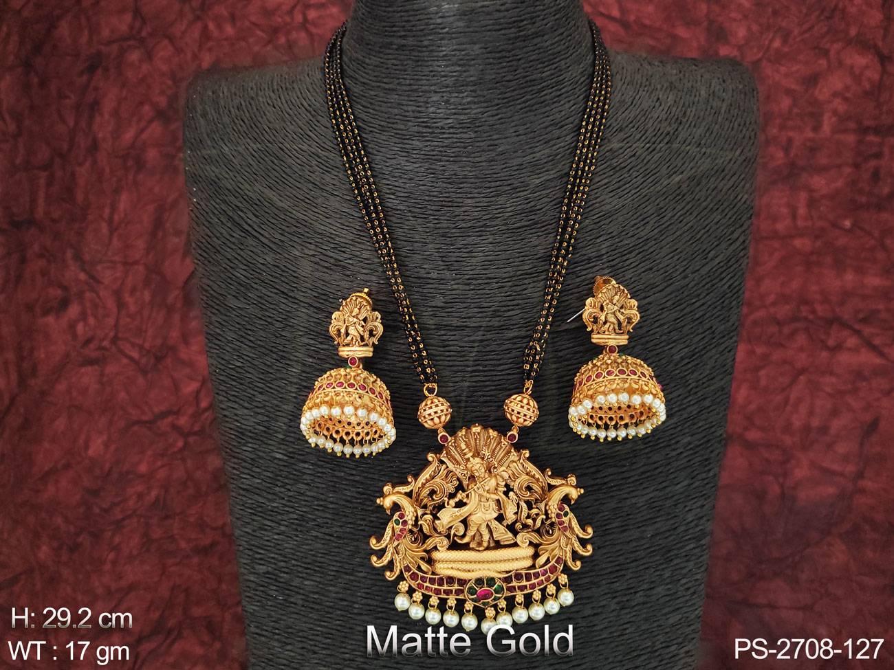 Matte Gold Polish Designer Fancy Style Long Temple Pendant Set