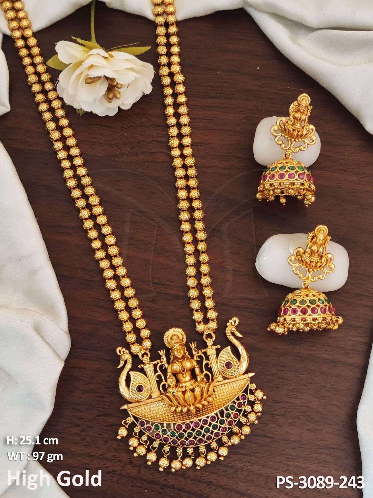 Temple Design God Laxmi Pendant Kemp Jewellery High Gold Polish Long Kemp Temple Pendant Set