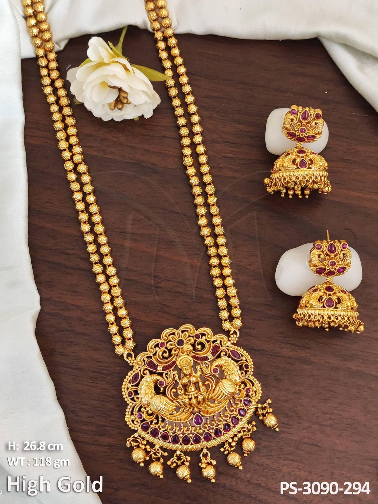 High Gold Polish Designer God Laxmi Pendant Long Temple Jewellery Kemp Pendant Set
