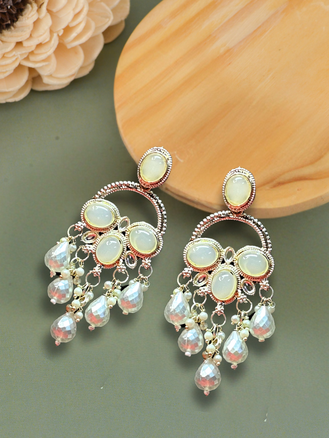 Off-White Big Stone Earrings with White Moti | Ethnic Party Wear