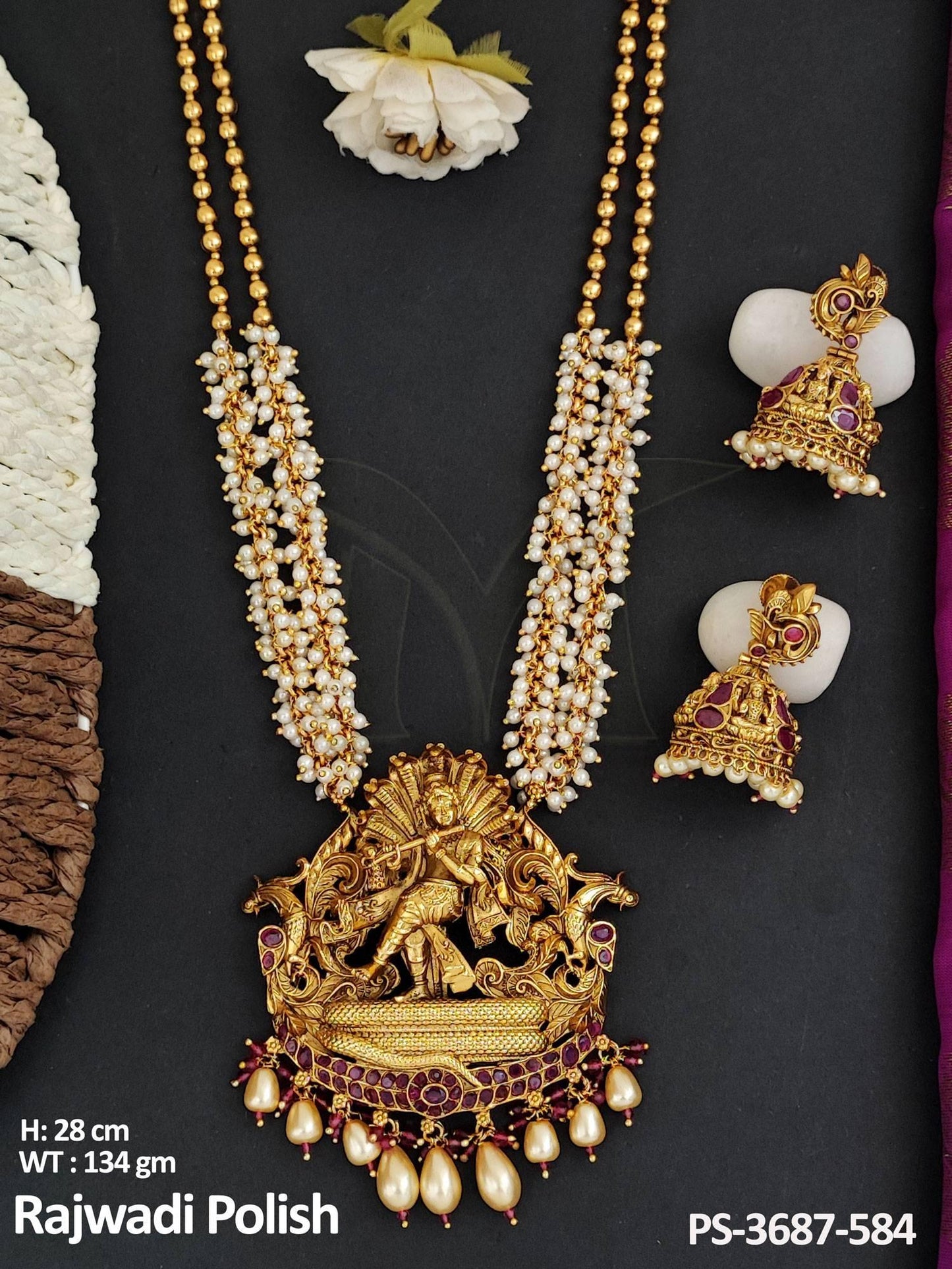 Temple Jewellery Rajwadi Polish Designer God Krishna Figure Long Temple Pendant Set