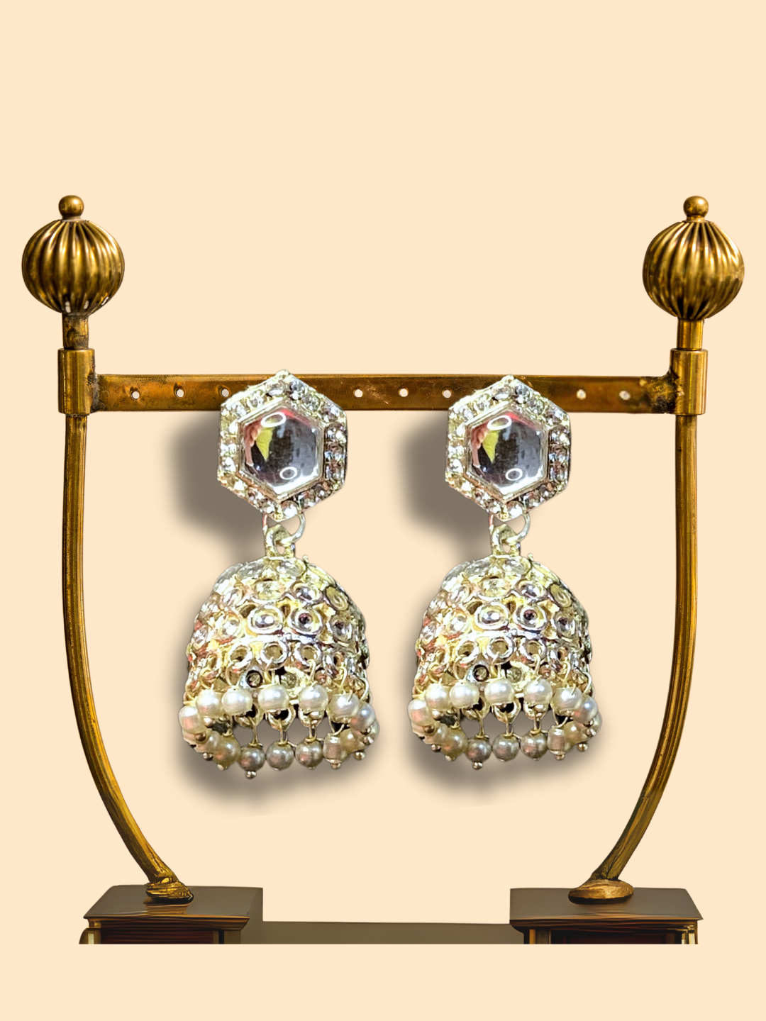 Small White Jhumkas with White Moti, Zircon & Kundan Stones | Classic Design | Wedding & Ethnic Wear