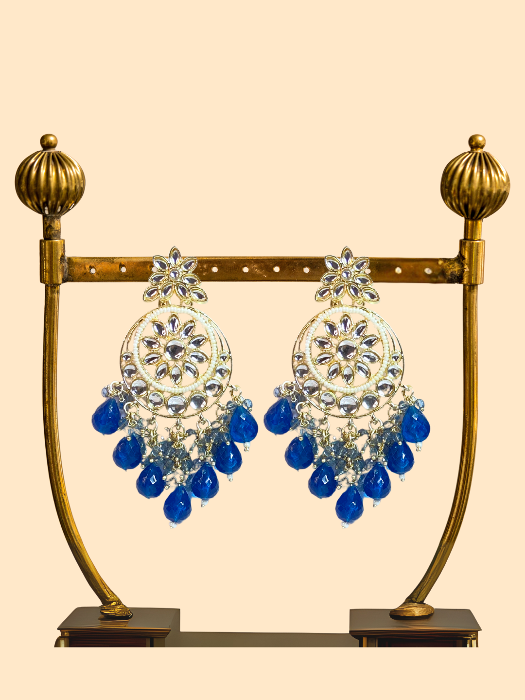 Kundan Earrings with Blue Moti & White Kundan Stones | Gold-Plated | Ethnic & Wedding Wear