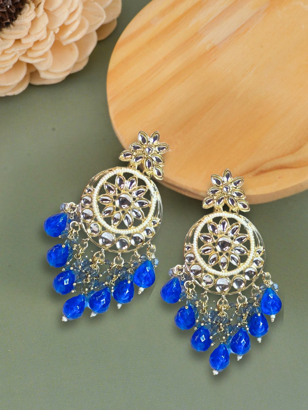 Kundan Earrings with Blue Moti & White Kundan Stones | Gold-Plated | Ethnic & Wedding Wear