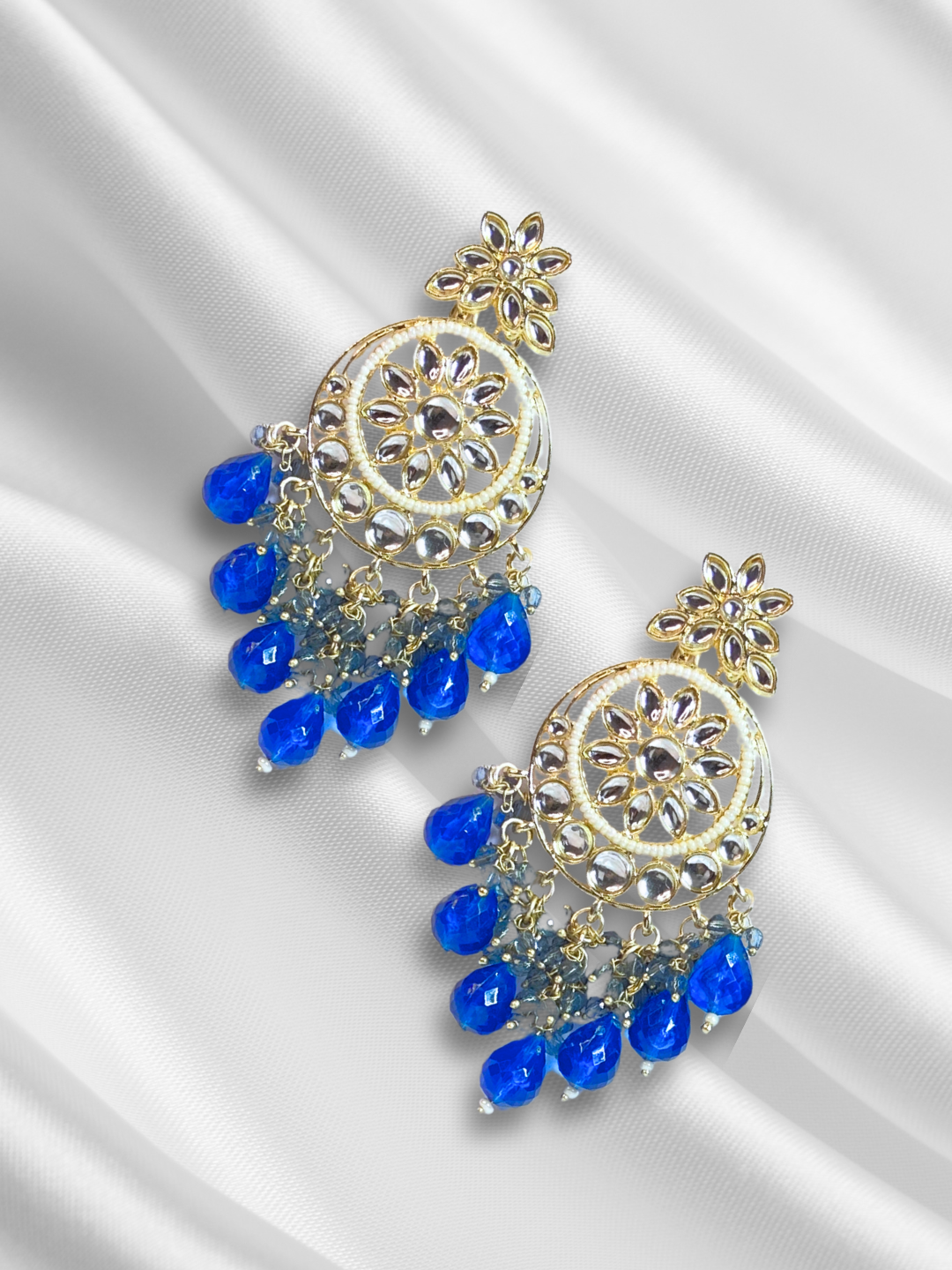 Kundan Earrings with Blue Moti & White Kundan Stones | Gold-Plated | Ethnic & Wedding Wear