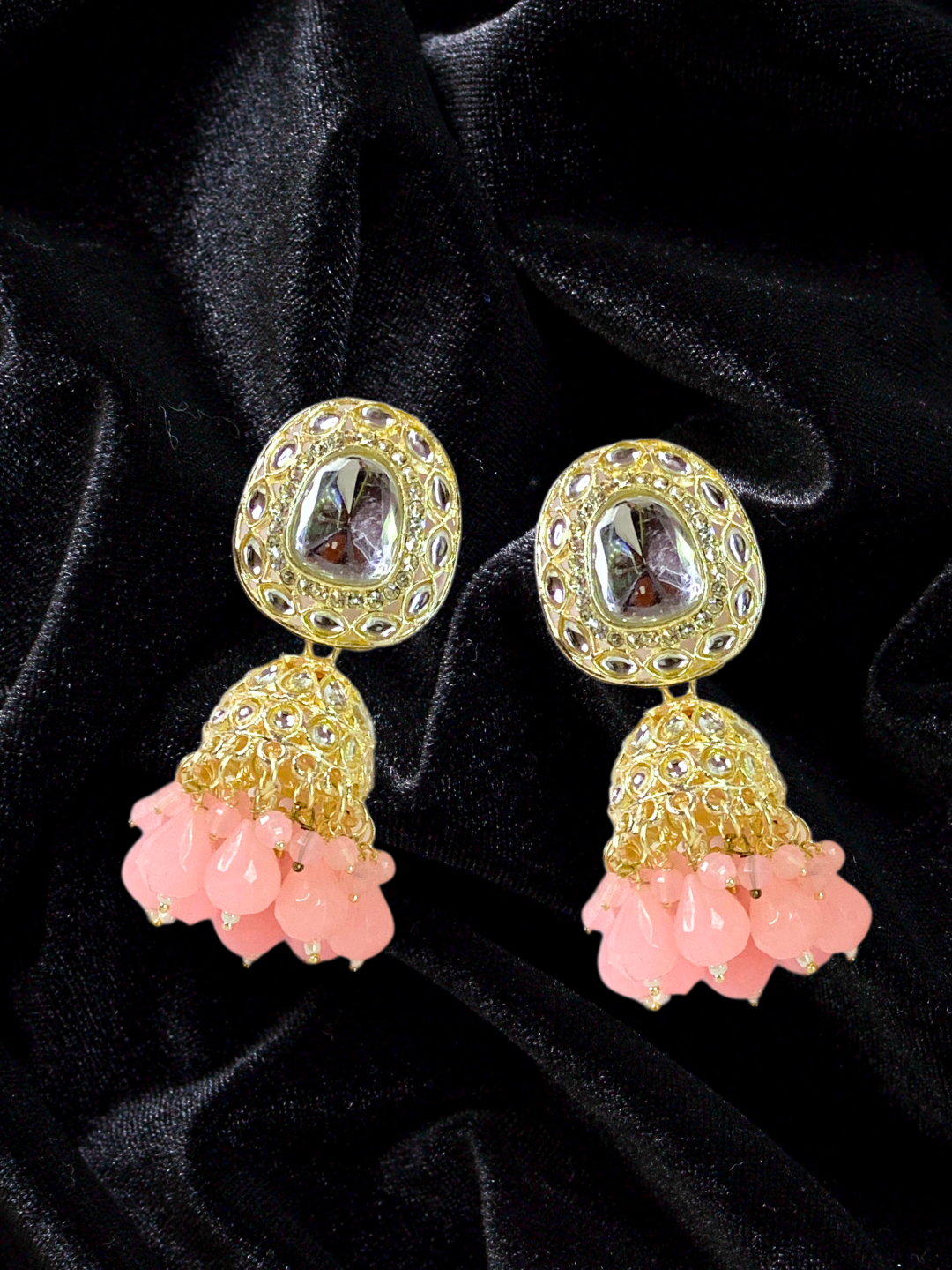 Kundan Baby Pink Jhumkas with Zircon Stones & Gold Plating | Medium Size | Ethnic & Wedding Wear