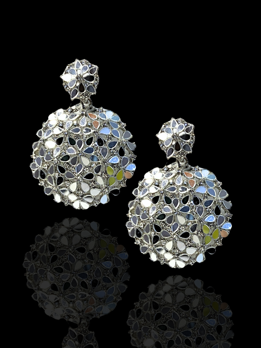 Round Mirror-Cut Earrings with Zircon Stones & Silver Plating | Medium Size | Party & Wedding Wear