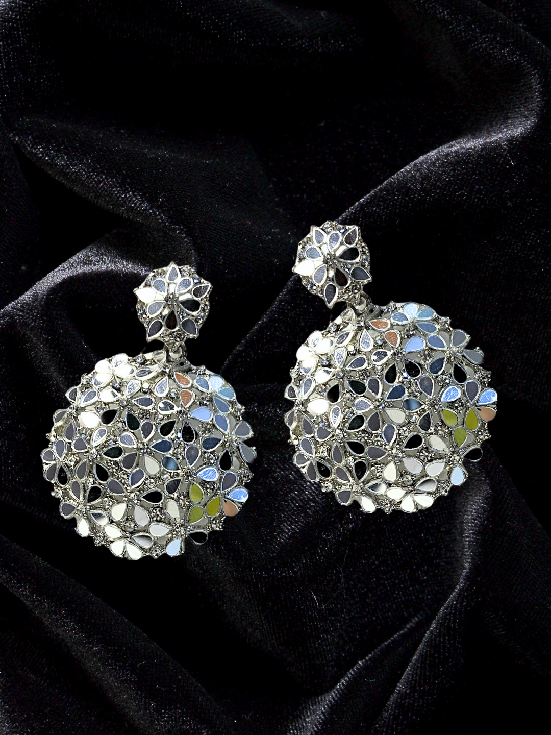 Round Mirror-Cut Earrings with Zircon Stones & Silver Plating | Medium Size | Party & Wedding Wear