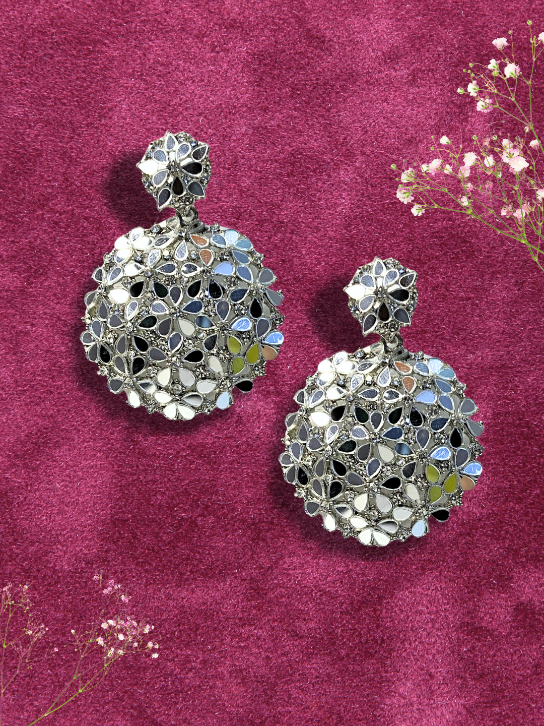 Round Mirror-Cut Earrings with Zircon Stones & Silver Plating | Medium Size | Party & Wedding Wear
