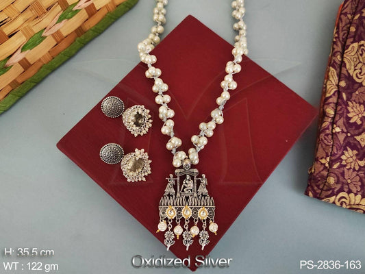 Antique Oxidised Designer Fancy style Oxidised Silver Long Temple Pendant Set