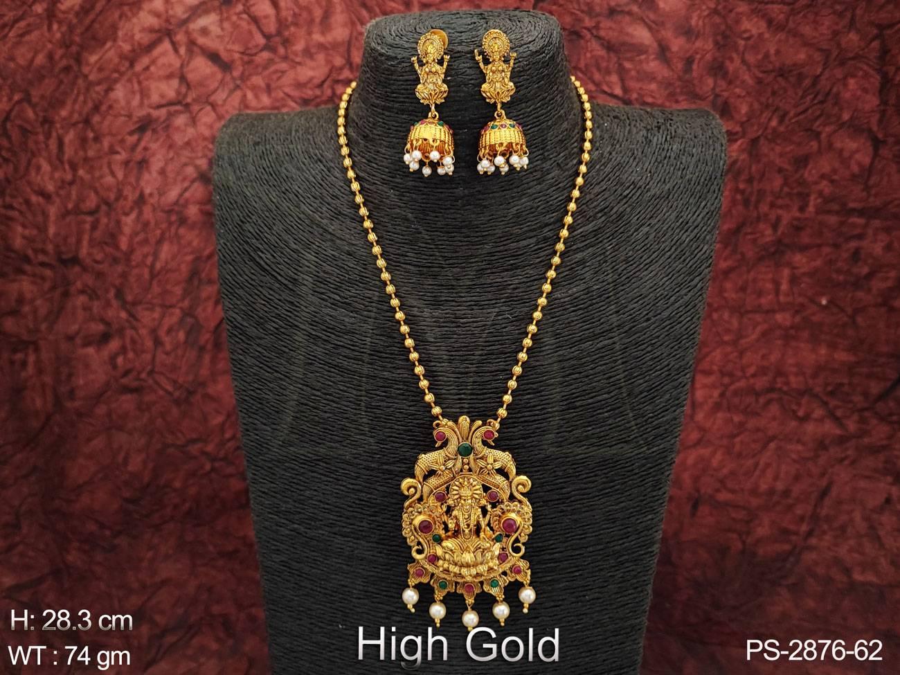 God Laxmi Pendant High Gold Polish Designer Fancy Style Temple Jewellery Desinger Long Temple Pendant Set