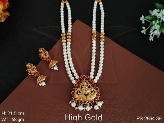 High Gold Polish Fancy Style Party wear Temple Laxmi Pendant Clustered Pearl Long Temple Pendant Set